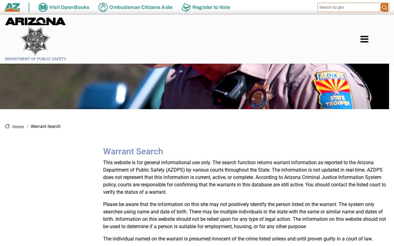 Arizona Department of Public Safety official warrant search
