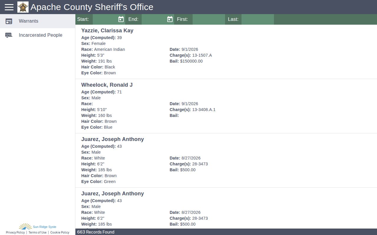 Apache County Citizen RIMS public custody portal interface