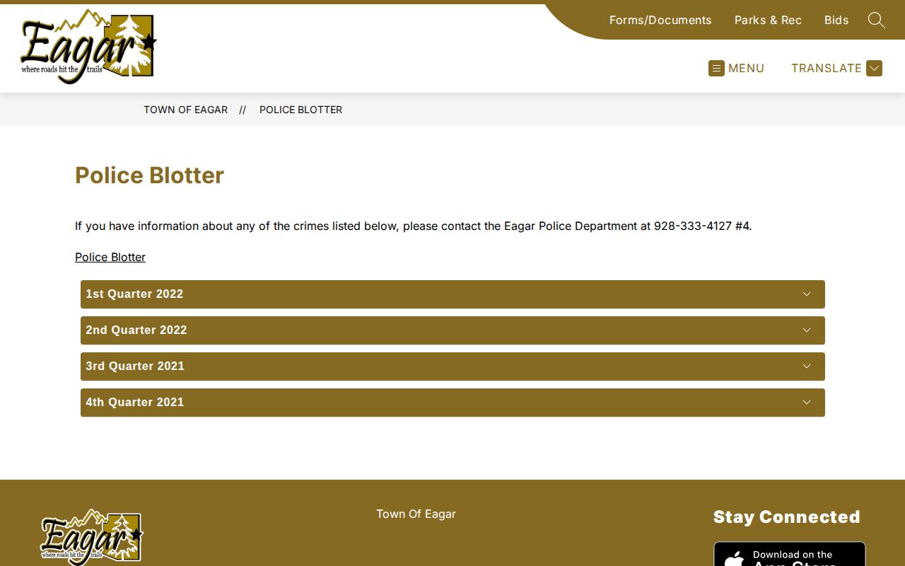 Eagar Police Blotter with historical quarterly links