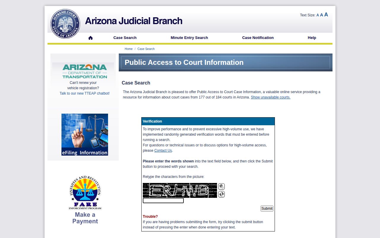 Arizona Public Access to Court Information search screen