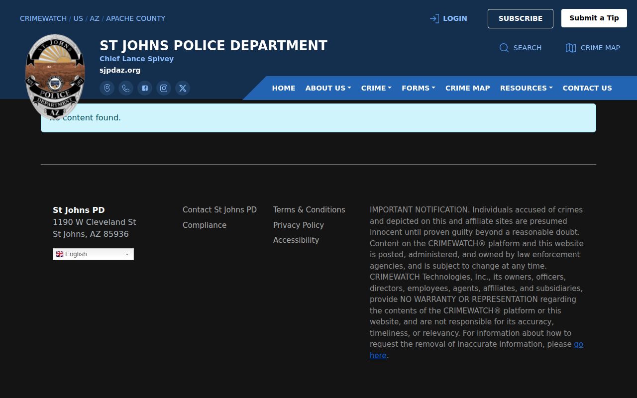 St. Johns Police CRIMEWATCH arrests category showing no current content