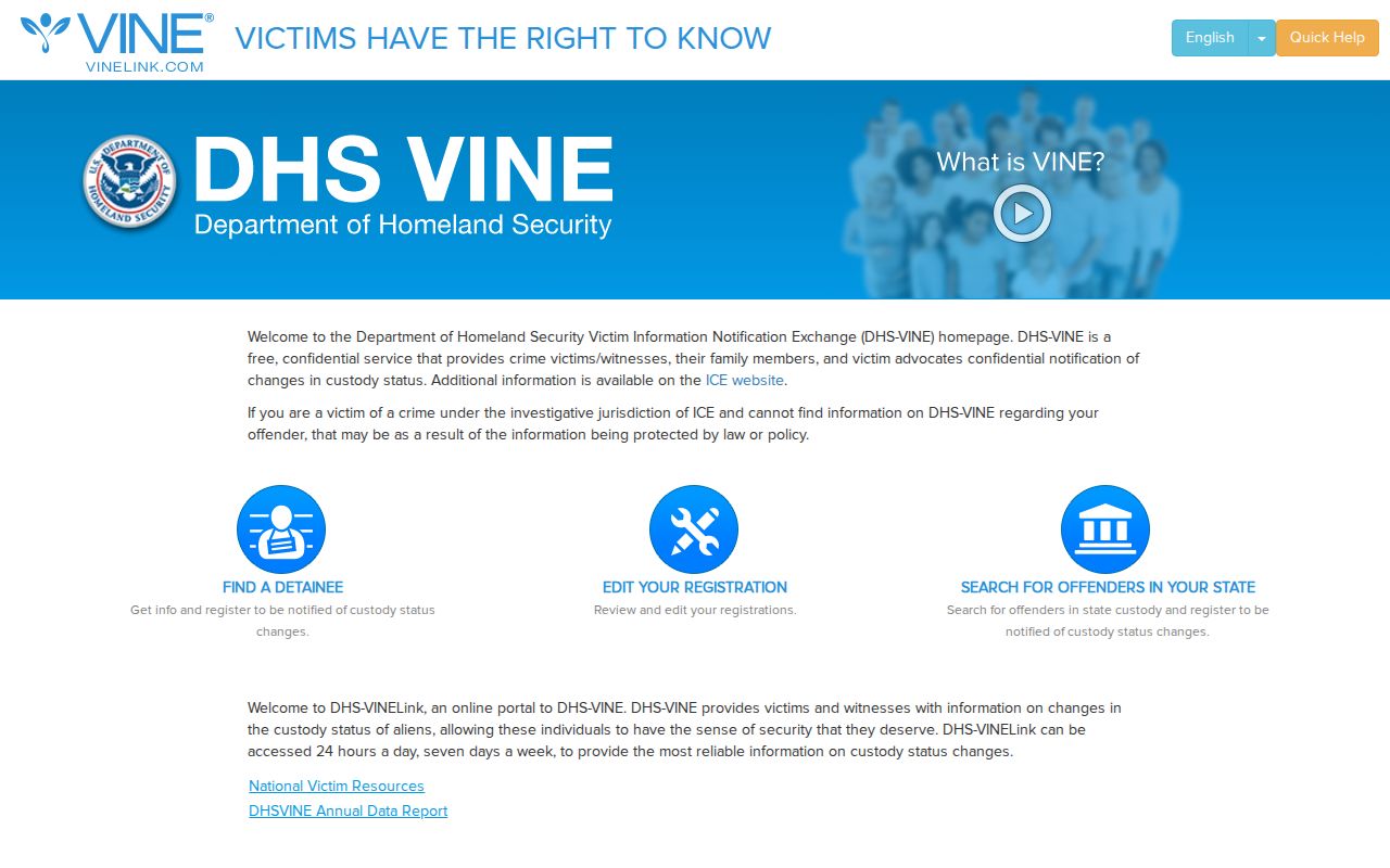 DHS and ICE VINELink federal notification service page